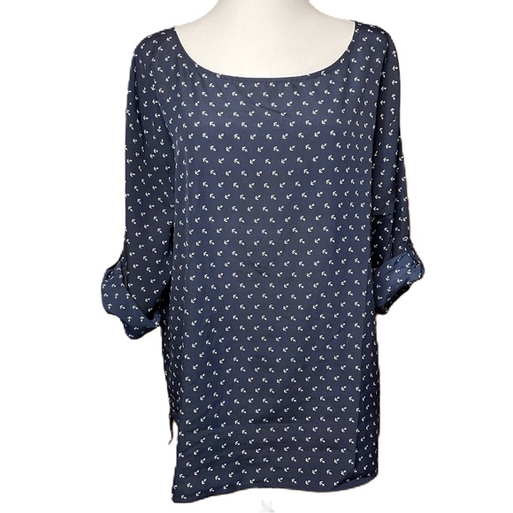 Old Navy Women’s Blue Nautical Semi Sheer Roll Tab Sleeve Blouse Top Shirt Large - Picture 1 of 12